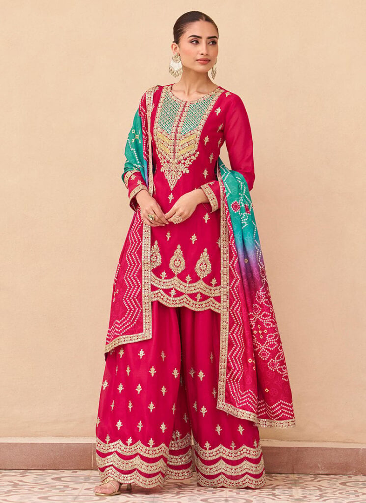 alt="Pink Chinon Silk Palazzo Suit with Teal Bandhani Dupatta"