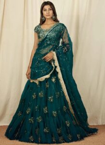 Teal green umbrella lehenga with sequins work wedding wear