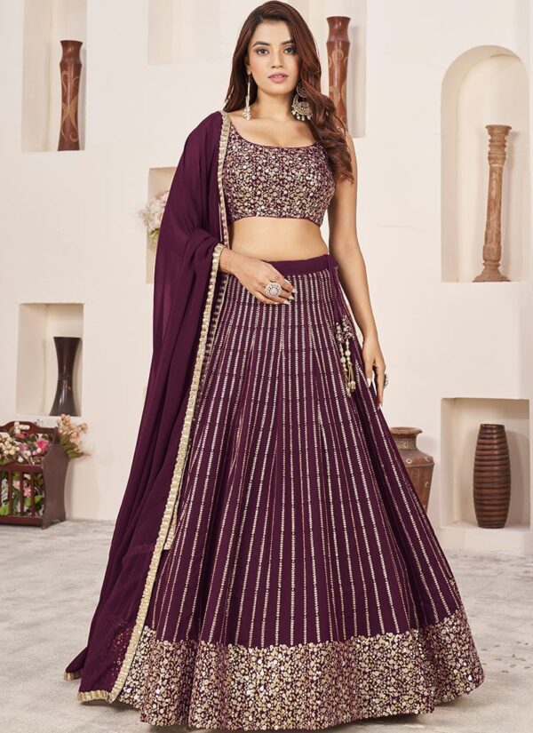 Wine georgette lehenga choli with zari and sequins embroidery