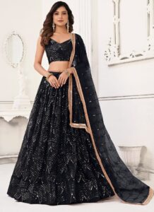 Black net umbrella lehenga with sequins and mirror embroidery