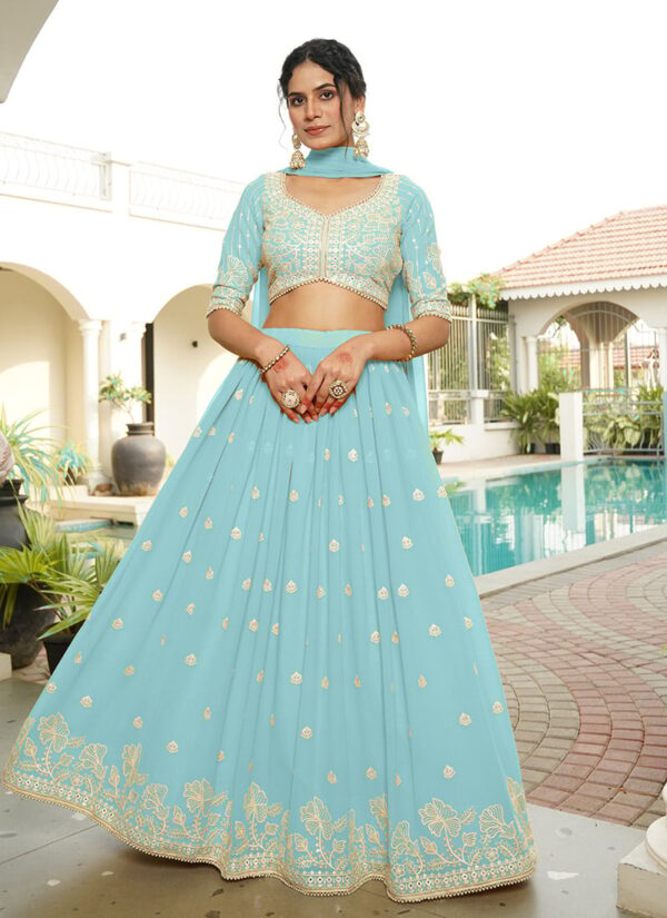 Sky blue faux georgette sequins umbrella lehenga set