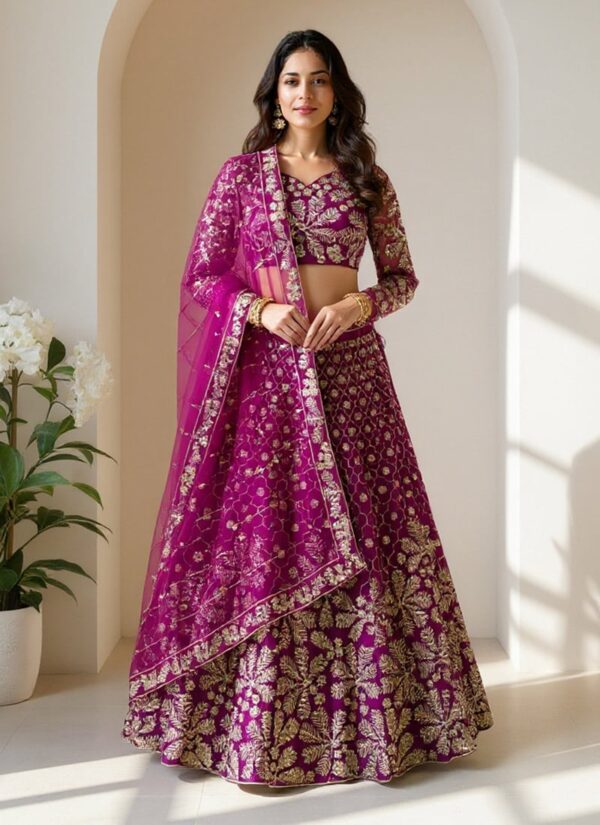 Magenta net umbrella lehenga with sequins and zari embroidery