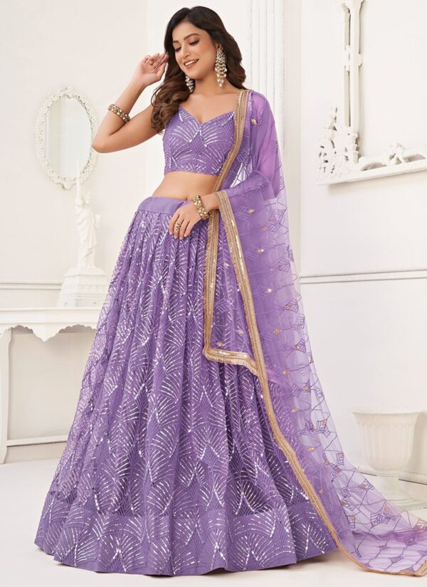 Lavender net umbrella lehenga choli with handwork and sequins
