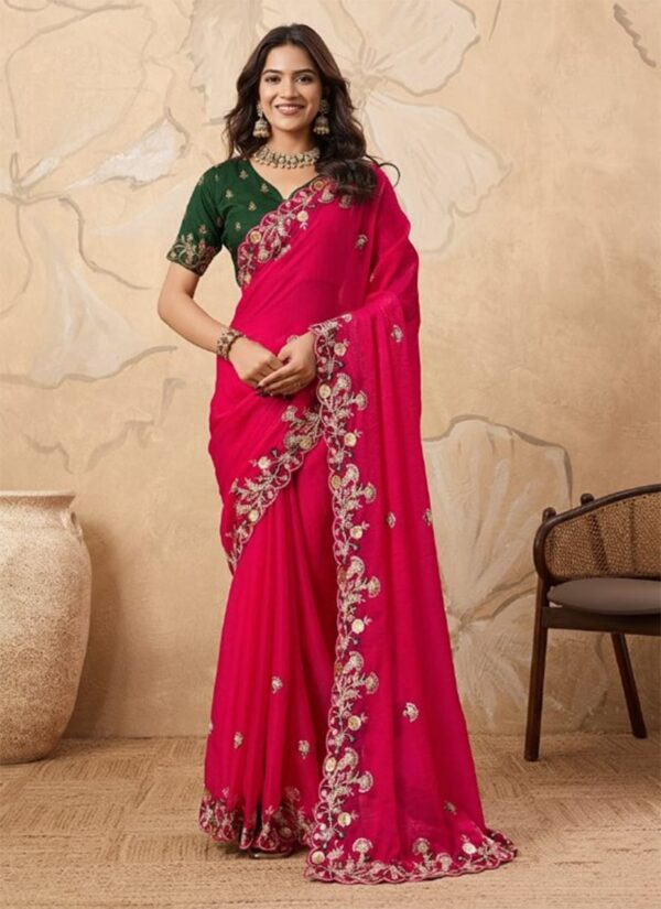 Pink Chiffon Sequin Embroidered Saree festive party wear