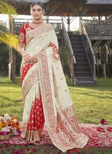 Offwhite and Red Benarasi Art Silk Saree with silver zari work