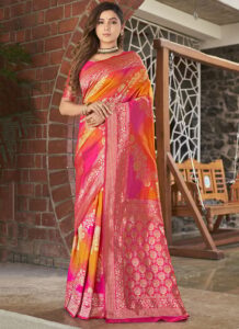 Yellow and Orange Benarasi Saree with golden zari jacquard work