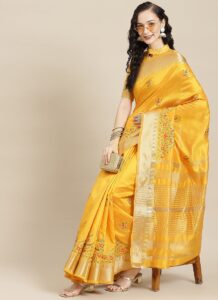 Yellow Assam Cotton Silk Saree with thread embroidery