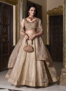 Beige crush silk umbrella lehenga choli with zari sequin work