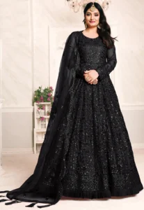 Black net embroidered abaya style suit party wear