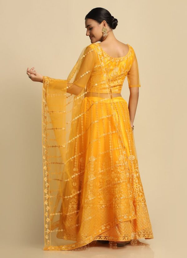 Sunshine yellow net embroidered A-line lehenga set back view
