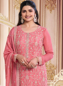 Pink chinon silk stone embroidered sequins straight pant suit with close view