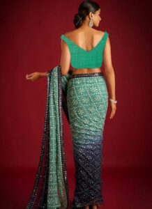 Green Faux Georgette Embroidered Sequin Saree back view
