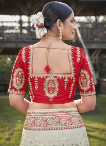 Offwhite and Red Benarasi Art Silk Saree with silver zari work back view