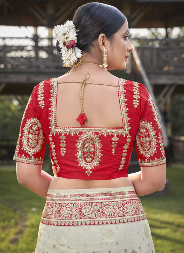 Offwhite and Red Benarasi Art Silk Saree with silver zari work back view