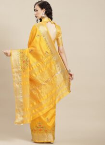 Yellow Assam Cotton Silk Saree with thread embroidery back view
