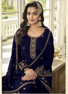 Blue Georgette Sharara Suit with embroidery party wear Side View