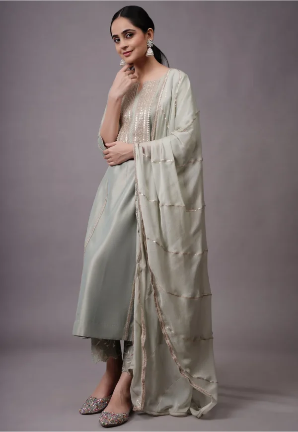 Dusty green sequinned cotton silk A-line suit party wear front view