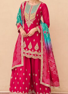 Pink Chinon Silk Palazzo Suit with Teal Bandhani Dupatta festive wear side view