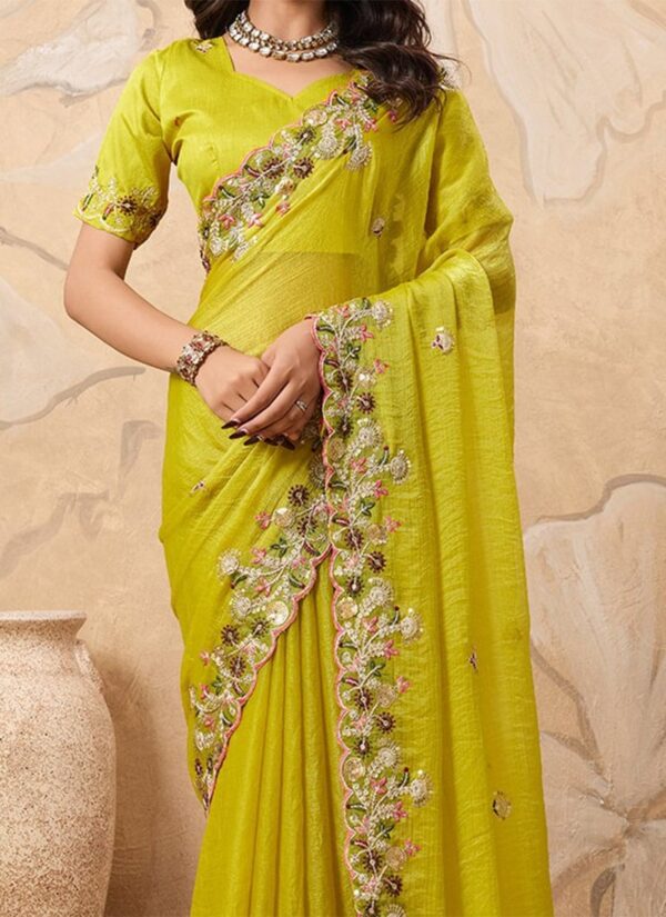 Yellow Chiffon Sequin Embroidered Saree festive wear closeup view