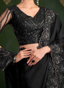 Black Georgette Zari embroidered sequin saree with lace border close view