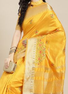 Yellow Assam Cotton Silk Saree with thread embroidery side view