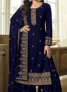 Blue Georgette Sharara Suit with embroidery party wear Closeup View