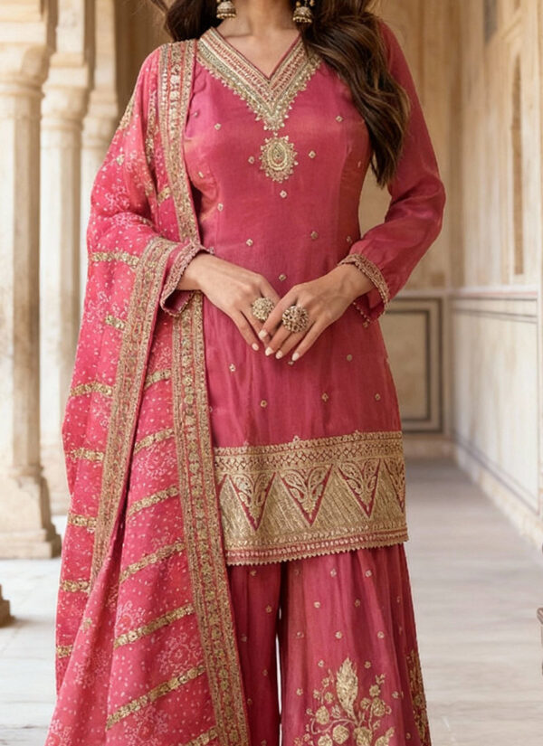 Pink Shimmer Silk embroidered sequins palazzo suit with Bandhani dupatta Side View
