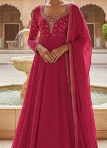 Pink Georgette Zari And Sequins Hand Embroidered Anarkali Suit Closeup View
